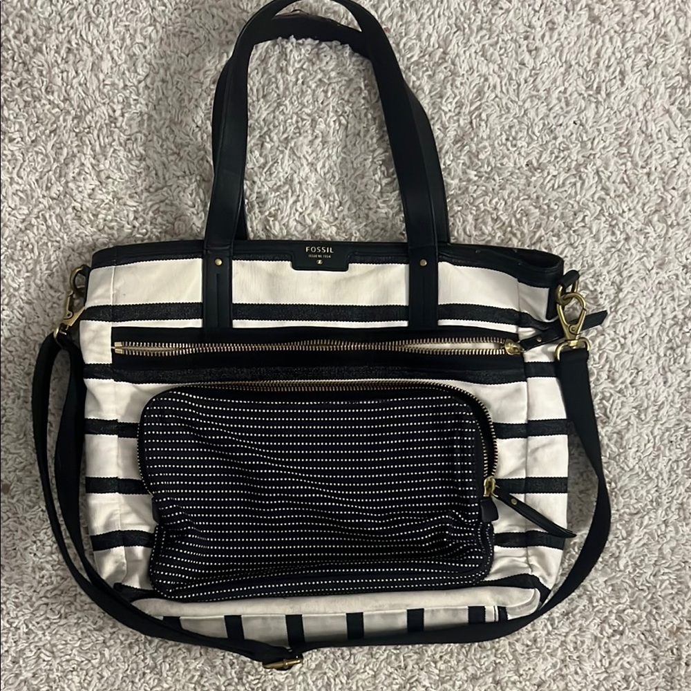 Fossil Black and White Striped Tote Bag